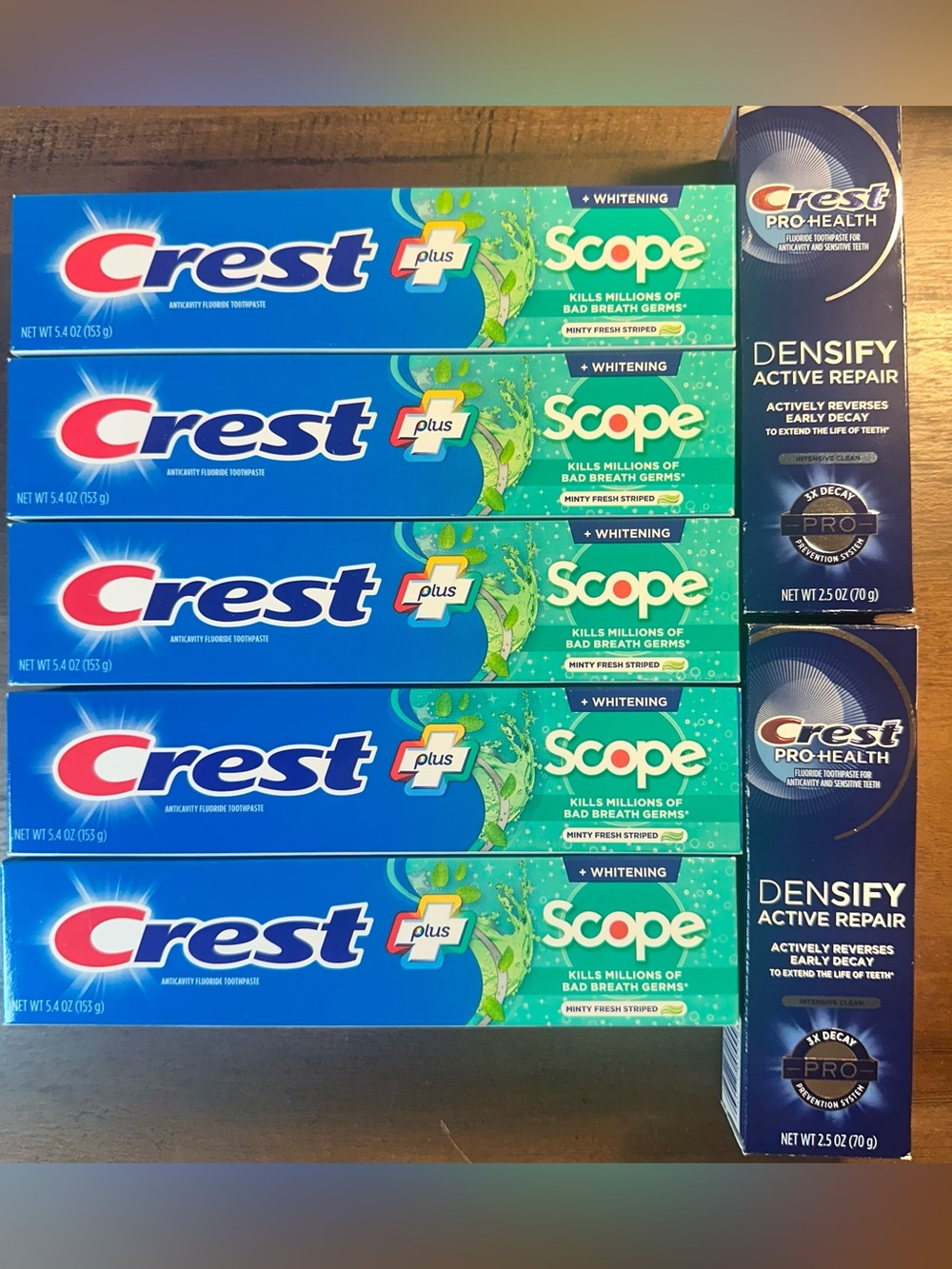 Crest Toothpaste 7 Tube Bundle~5 White+Scope 5.4Oz~2 ProHealth Density 2.5Oz NIB